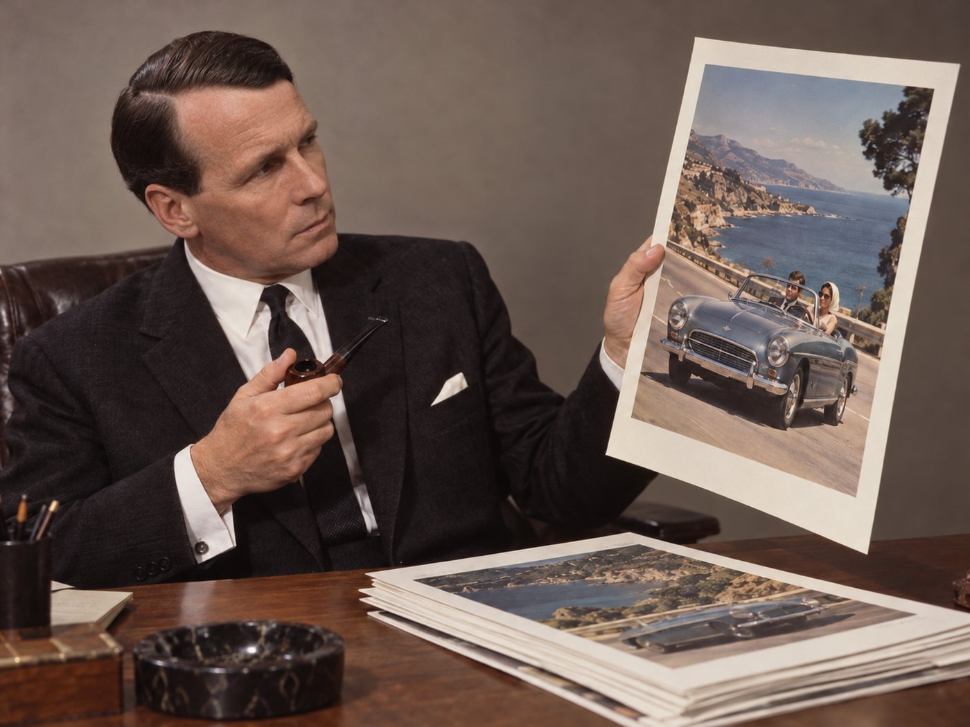 A depiction of David Ogilvy, pipe in hand, examining a printed advertisement at his desk.